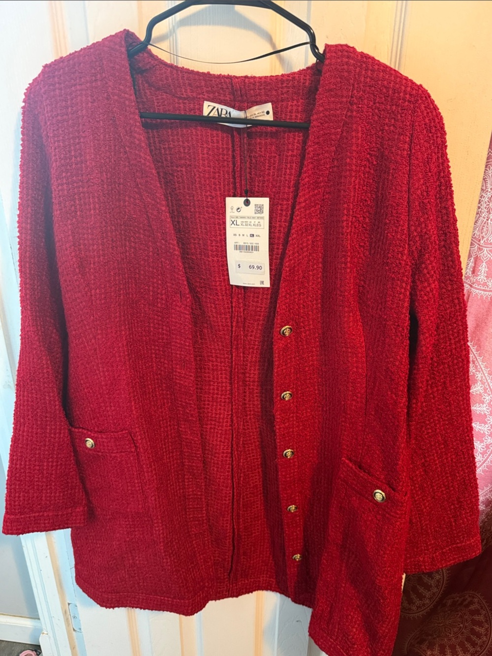 Zara Red Bouclé Button Front Blazer Jacket
